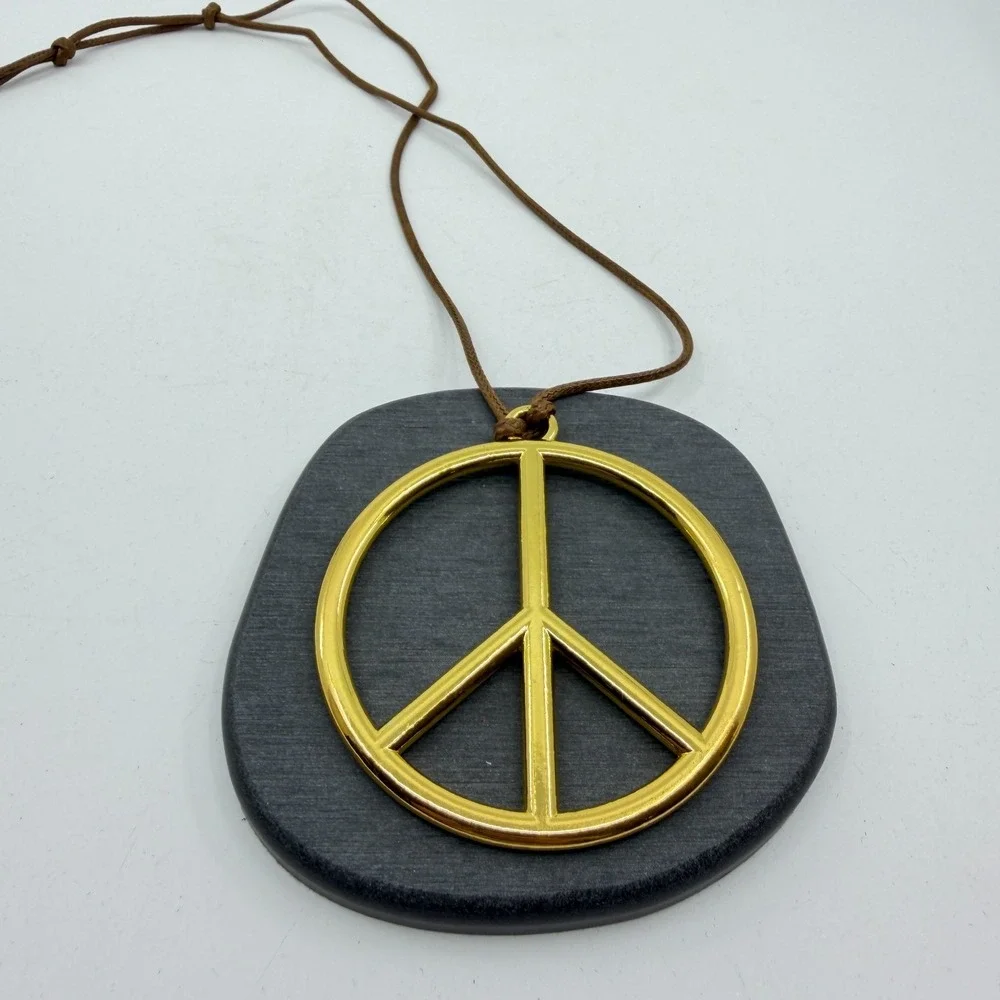 Gold Tone Peace Sign Pendant Necklace Brown Cord Boho Hippie Statement Gift